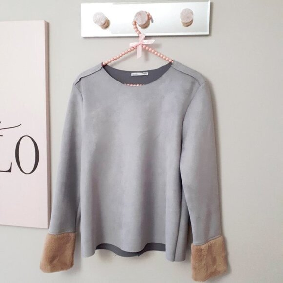 EUC Zara blue grey faux suede top w/ brown faux fur trim sleeves, M - Picture 9 of 9